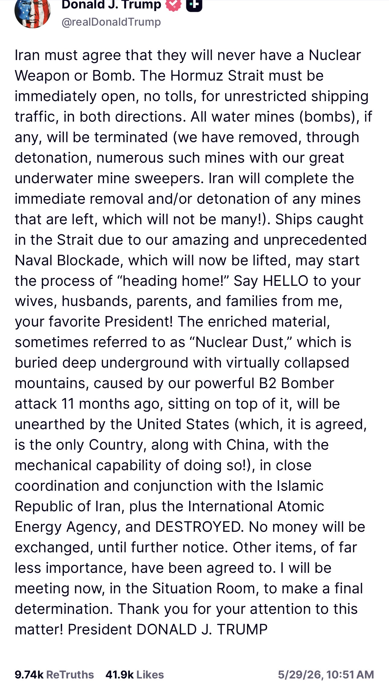 Trump Truth Social post Friday May 29 2026 — Nuclear Dust, B2 Bomber, China, Iran, IAEA, DESTROYED — capital letters encoding Sweet Caroline 1308 Jewish Gematria